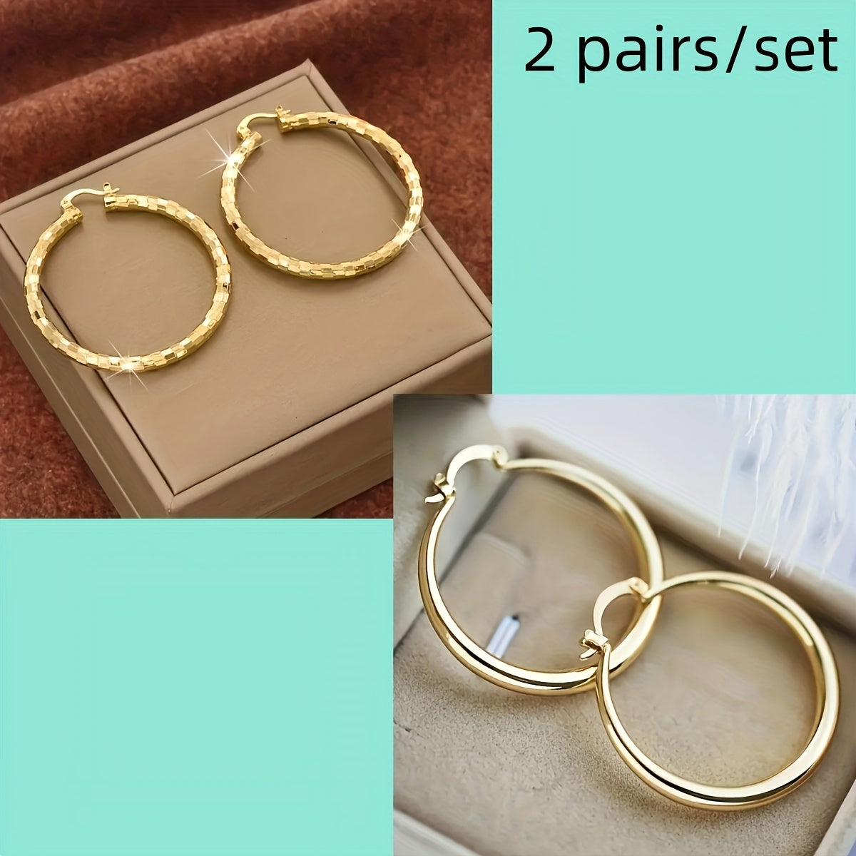 Gold Plated Copper Circle Hoop Earrings 2 Pairs – Twisted & Smooth Finish Elegant Women's Earrings, Lightweight Everyday Jewelry for Daily Wear, Party & Vacation Gift for Her