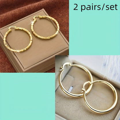 Gold Plated Copper Circle Hoop Earrings 2 Pairs – Twisted & Smooth Finish Elegant Women's Earrings, Lightweight Everyday Jewelry for Daily Wear, Party & Vacation Gift for Her