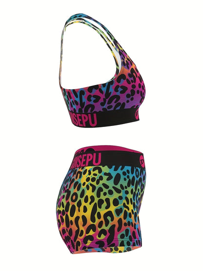 Women's Rainbow Leopard Print Workout Set – 2-Piece Sports Bra & High Waist Shorts Athletic Outfit for Yoga Gym Running Dance Festival, Colorful Activewear for Teens & Women Sizes S-XXL