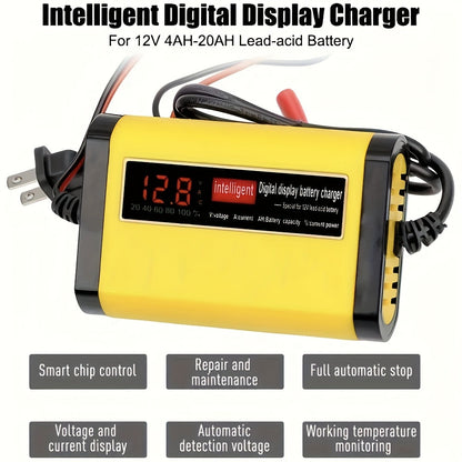 12V Smart Car Battery Charger and Maintainer, Intelligent Trickle Charger with Desulfurization & Temperature Compensation for 2Ah-100Ah Batteries – Compatible with Car, Truck, Motorcycle & Lawn Mower