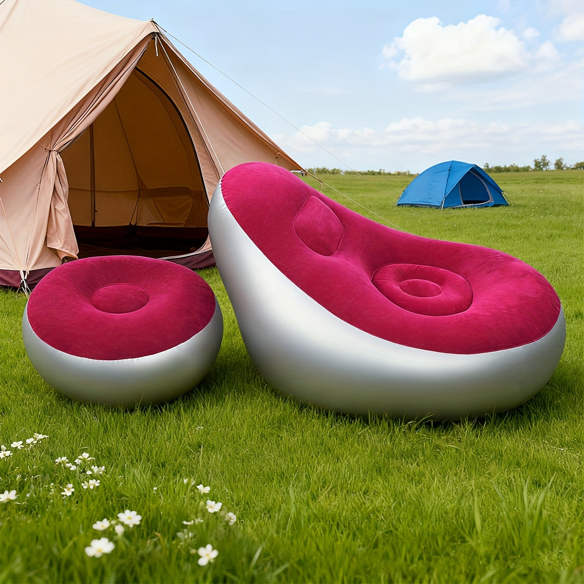 Inflatable Sofa Set 2 Piece Adult Recliner Lounge Chair with Footstool Plush Fabric Heavy Duty Portable Folding Air Couch with Pump Indoor Outdoor Camping Beach Living Room Patio