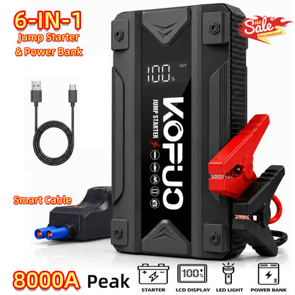 Portable Car Jump Starter 20000A Peak with Air Compressor, 7-in-1 Jump Starter Battery Pack 150PSI Tire Inflator, Power Bank, LED Light & Safety Hammer for 12V Gas & Diesel Engines – Roadside Emergency Kit