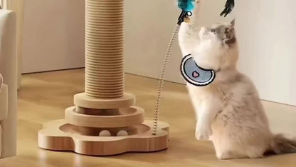 5-in-1 Wooden Cat Scratching Post Toy for Indoor Cats Tall Sisal Post 2-Level Track Ball Interactive Feather Toy Hanging Balls Cat Furniture for Kittens Adults