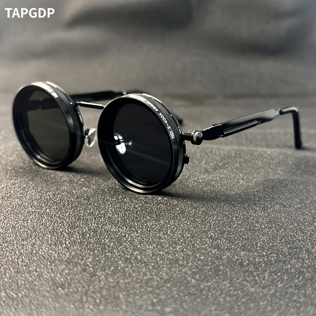 Men's Vintage Steampunk Spin Fashion Glasses – Adjustable Brightness, Alloy Frame, Black & Grey Gradient Interchangeable Lenses, Bohemian Party & Casual Eyewear Accessory