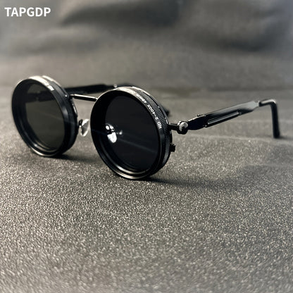 Men's Vintage Steampunk Spin Fashion Glasses – Adjustable Brightness, Alloy Frame, Black & Grey Gradient Interchangeable Lenses, Bohemian Party & Casual Eyewear Accessory
