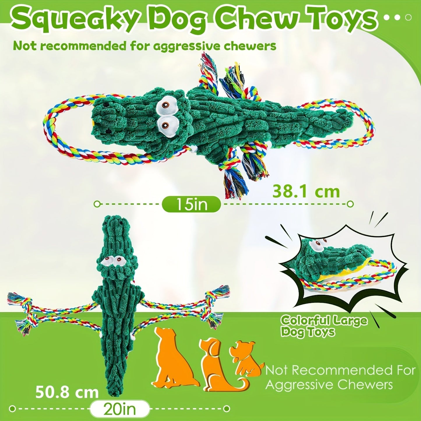 Crocodile Squeaky Dog Chew Toy with Built-In Squeaker – Durable Cotton Rope & Canvas Tug Toy for Small Medium Large Dogs, Teeth Cleaning, Interactive Tug-of-War, Aggressive Chewer Safe