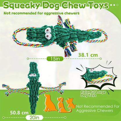 Crocodile Squeaky Dog Chew Toy with Built-In Squeaker – Durable Cotton Rope & Canvas Tug Toy for Small Medium Large Dogs, Teeth Cleaning, Interactive Tug-of-War, Aggressive Chewer Safe