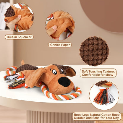 Large Squeaky Plush Dog Toys with Pull Rope & Crinkle Ears for Aggressive Chewers – Interactive Tug of War Chew Toys for Small, Medium & Large Dogs, Bear, Lion & Leopard Designs