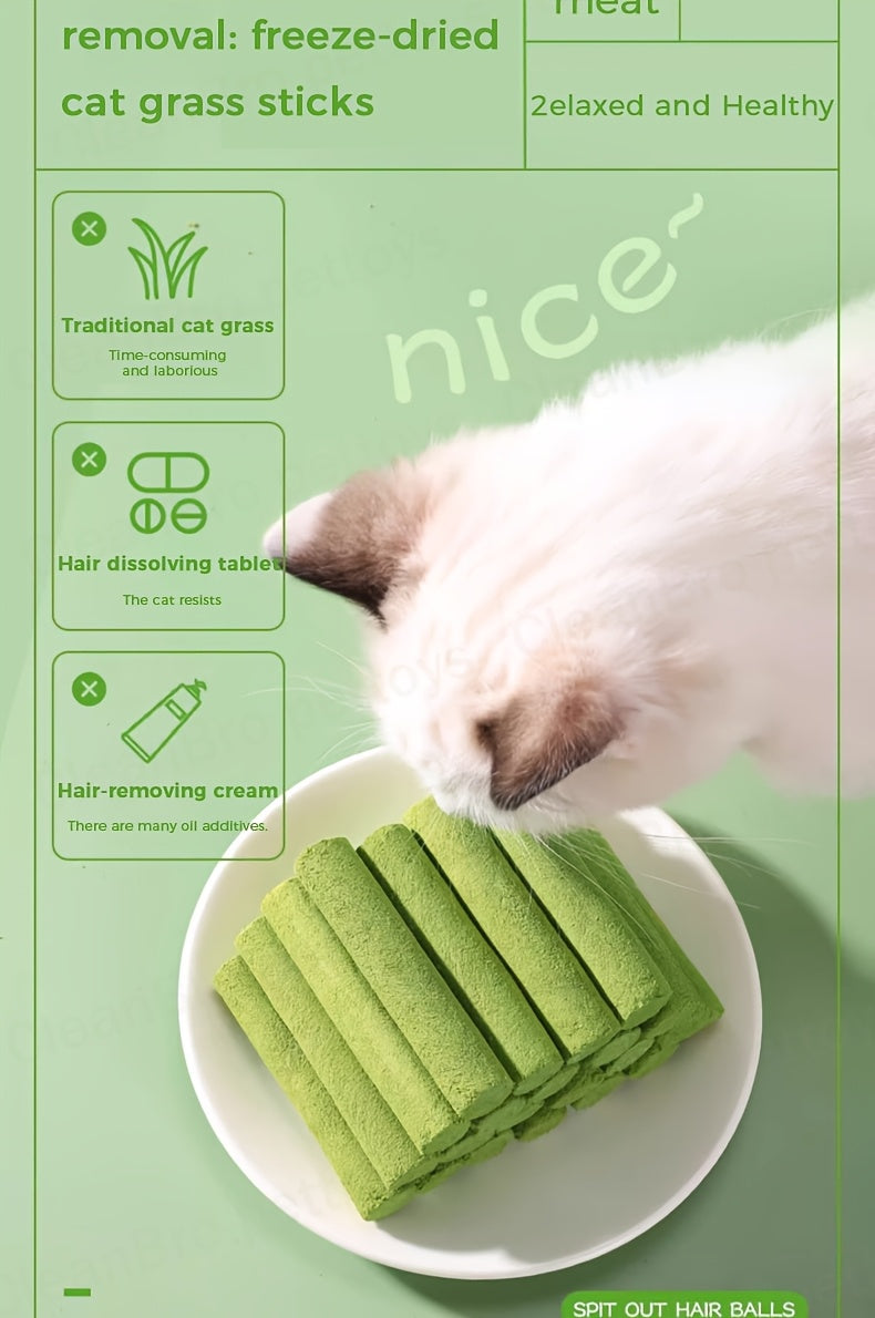 Cat Grass Sticks for Hairball Control – 3-in-1 Freeze-Dried Catnip Treats with Instant Granules & Hair Cream Tablets for Indoor Cats, Natural Hairball Remedy, 15 Count & 15-Pack Bundle