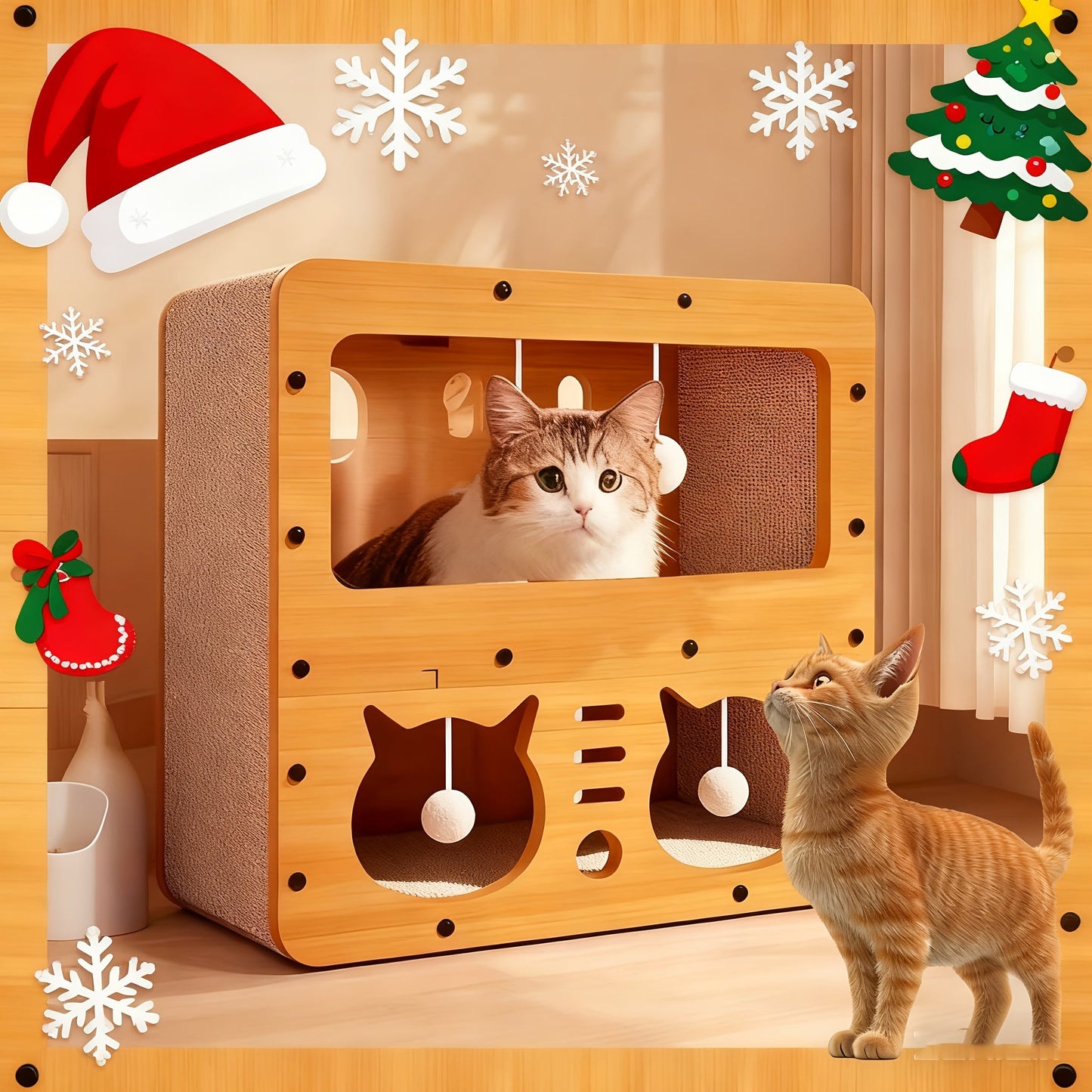 Large Cat House with Scratcher Pads & Plush Ball Toys – Ventilated Indoor Outdoor Cat Shelter, Choose Single Door, Double Door or Luxury Double-Layer Design, Great Cat Gift