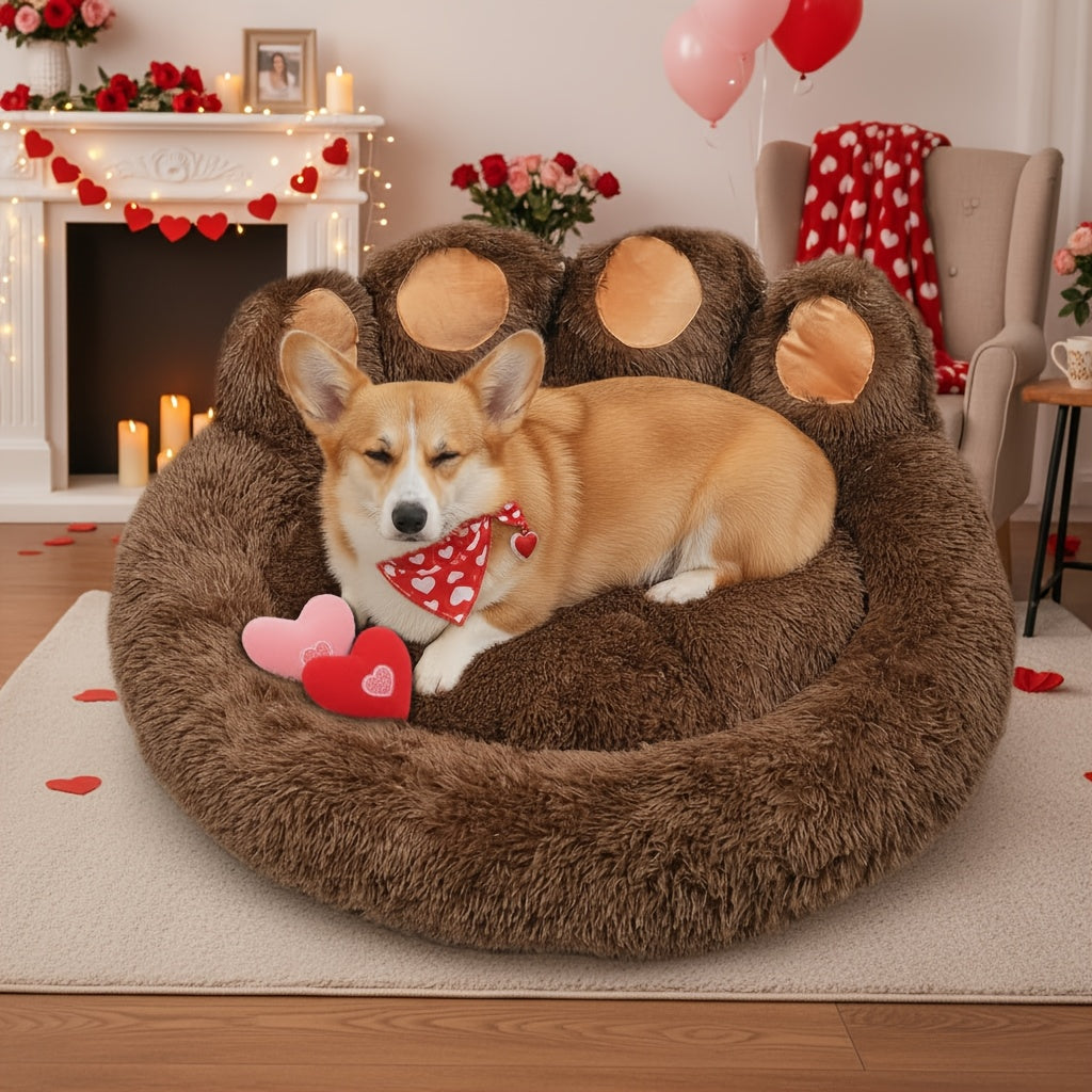 Bear Paw Shaped Donut Dog Bed & Cat Bed – Calming Warm Soft Plush Round Pet Mattress with Bonus Pet Scarf S M L XL 2XL Coffee Pink Grey Brown for Small Medium Large Dogs Cats