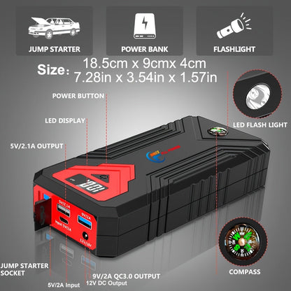 Portable Car Jump Starter Power Pack 1600A–3000A 12V Battery Booster – Compact Emergency Start for Gas & Diesel Engines with USB Charge Ports & LED Flashlight