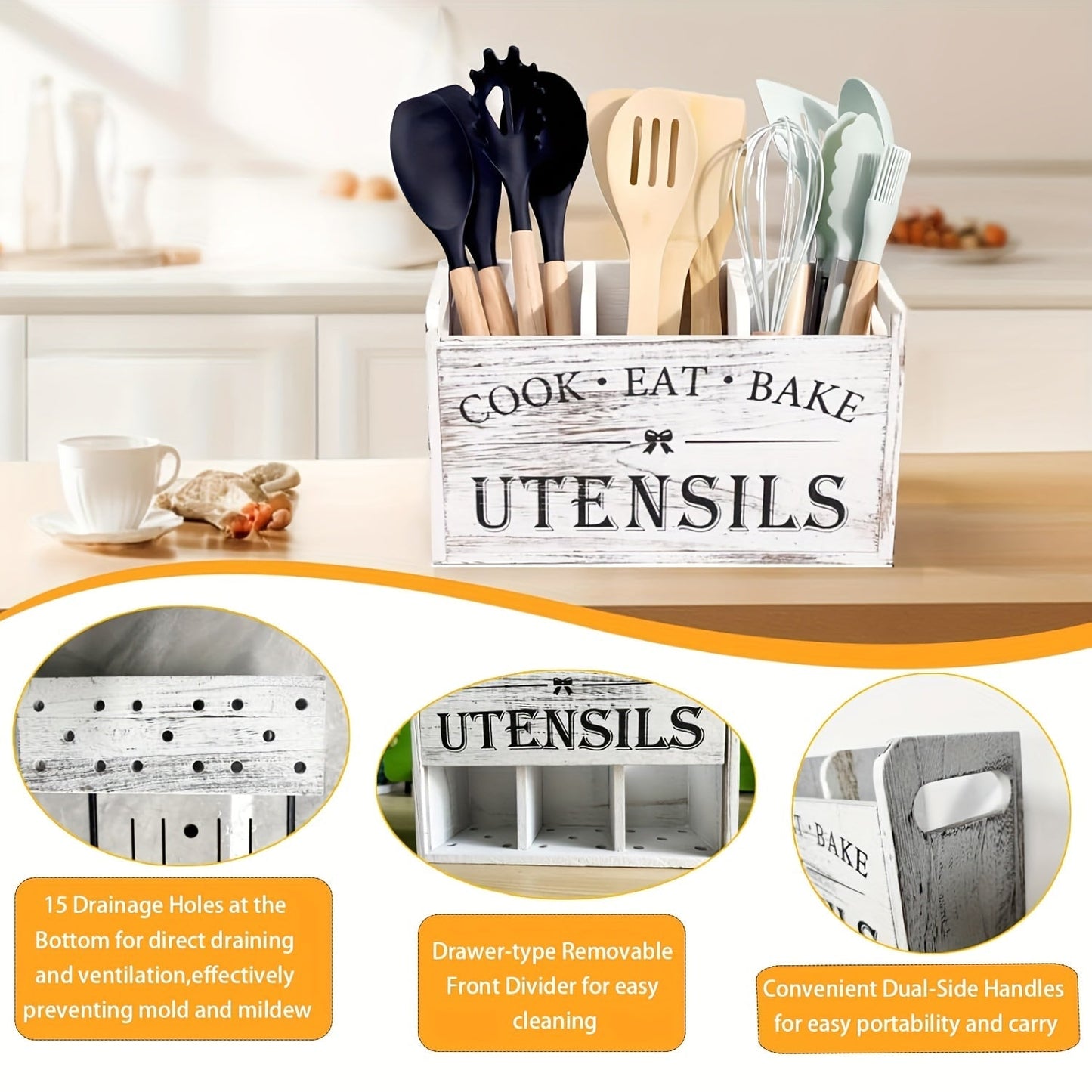Rustic Wooden Kitchen Utensil Organizer with Handle & 3 Compartments – Countertop or Wall Mount Caddy for Cooking, Dining & Baking Tools – Farmhouse Kitchen Storage in White & Black