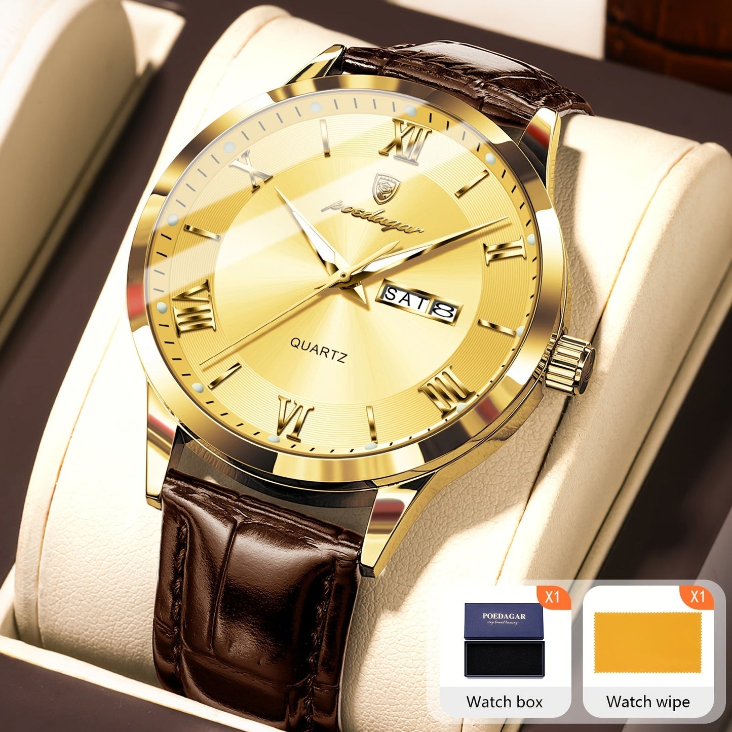 POEDAGAR Men's Quartz Watch Waterproof Luminous Dial Calendar Week Display – Casual Sports Analog Wristwatch Alloy Case 11 Colors Silver Gold Black Blue Gift for Men