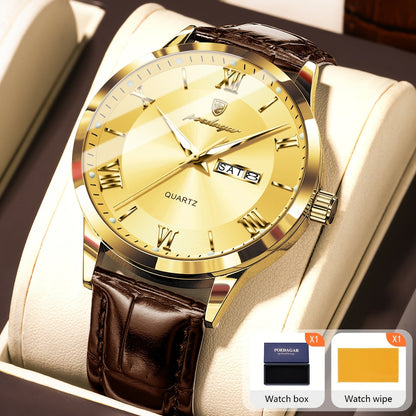 POEDAGAR Men's Quartz Watch Waterproof Luminous Dial Calendar Week Display – Casual Sports Analog Wristwatch Alloy Case 11 Colors Silver Gold Black Blue Gift for Men