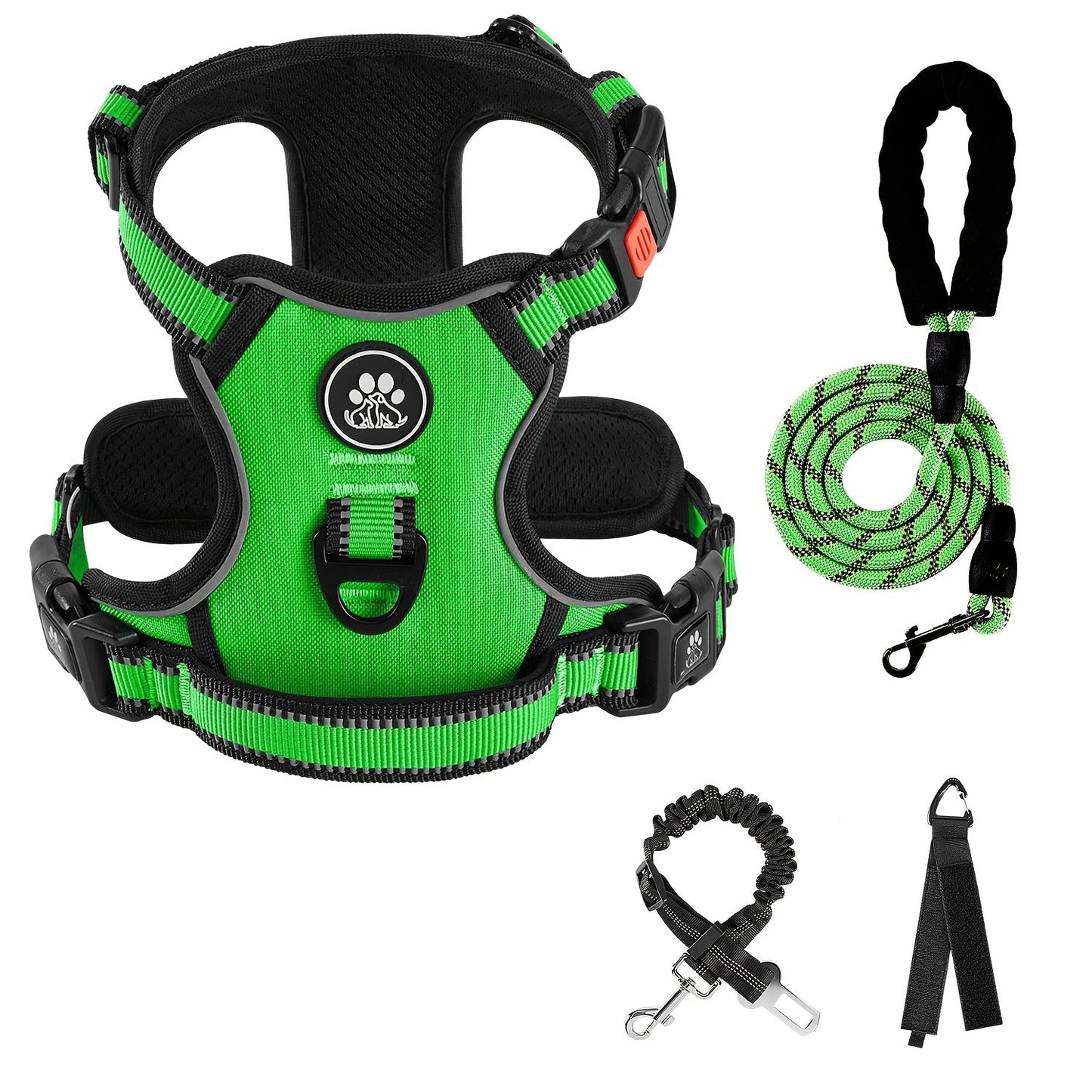No Pull Dog Harness Set with Leash Retractable Seatbelt & Collar – Fully Reflective Adjustable Breathable Vest Harness with Handle for Small & Large Dogs XS–XL