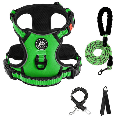 No Pull Dog Harness Set with Leash Retractable Seatbelt & Collar – Fully Reflective Adjustable Breathable Vest Harness with Handle for Small & Large Dogs XS–XL