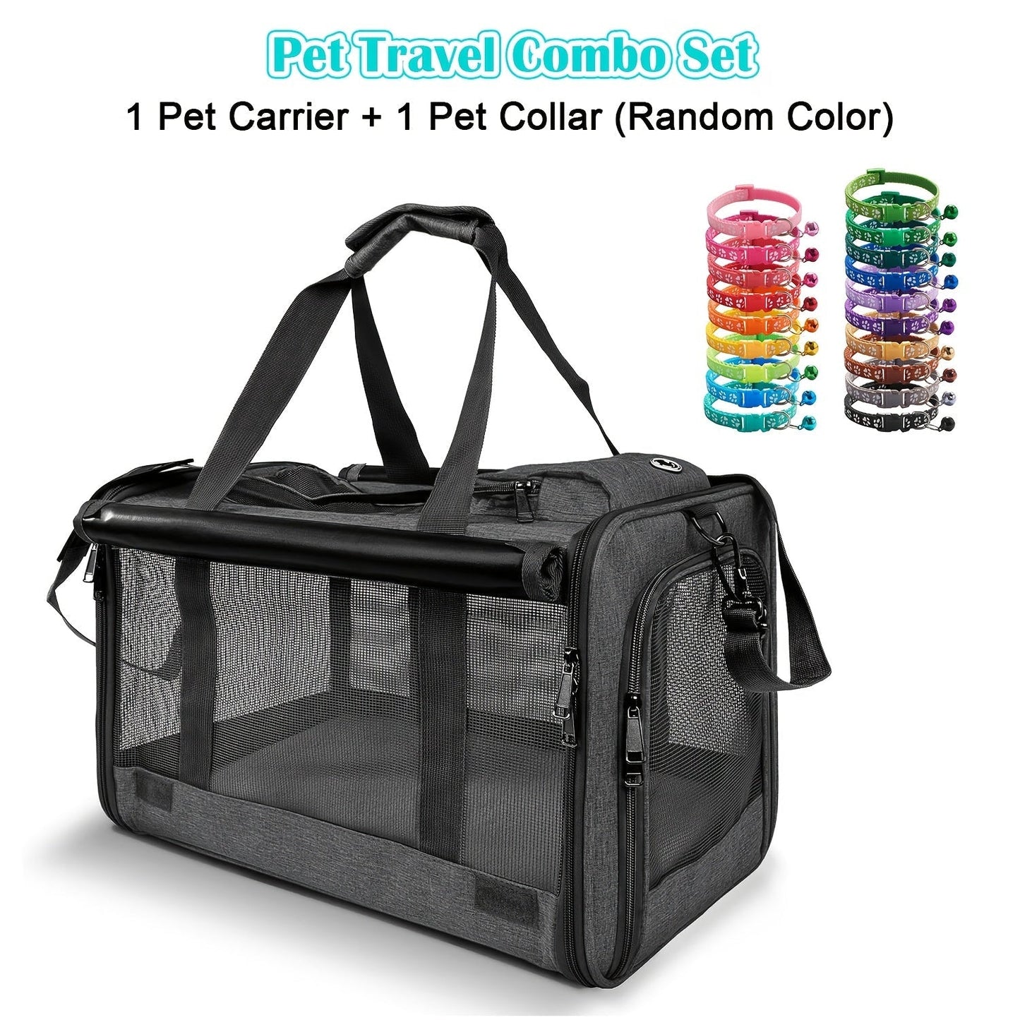 Airline Approved Pet Carrier Soft Sided – Breathable Collapsible Travel Bag for Cats & Small Dogs with Accessories Bundle Collar Bowls or Pet Glove 10 Colors Pink Blue Black Gray Navy Green Orange