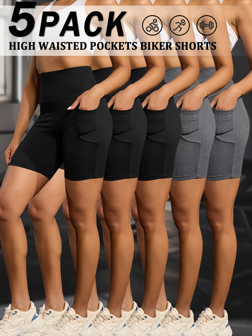 Women's High Waisted Biker Shorts 5 Pack with Pockets – Tummy Control No See-Through Workout Shorts, 6" Inseam, Super Soft High-Elasticity Athletic Shorts for Running, Yoga, Gym & Summer Training