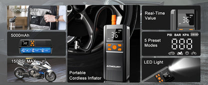 Portable Tire Inflator 150PSI Cordless with 5000mAh Battery, 4+ Inflation Modes, Auto-Stop & LED Light – Digital Gauge Air Compressor for Car, Motorcycle, Bicycle & Sports Balls – Velora