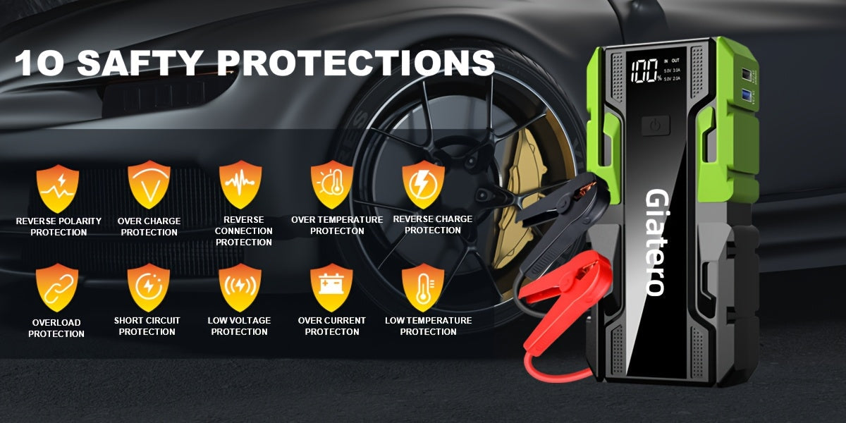12V Portable Car Jump Starter with Built-In Air Compressor Tire Inflator – Emergency Battery Booster for Gas (3.7 Gal) & Diesel (3.17 Gal) Engines, Trucks & Cars Emergency Starter Power Supply