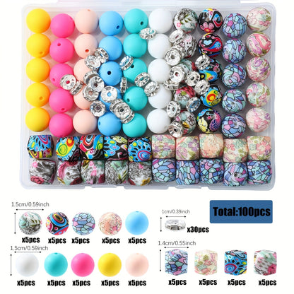 100pcs Silicone Beads Set with Storage Box Hexagonal Striped Printed Pattern Beads for DIY Jewelry Making Bead Pens Keychain Pendant Craft Supplies Girls Kids Teens Adults