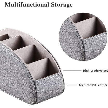 Remote Control Holder with 5 Compartments, Faux Leather Desktop Organizer Caddy for Living Room, Holds TV Remotes Pens Eyeglasses Makeup Brushes Office Stationery, Home Decor Storage Box Accessory