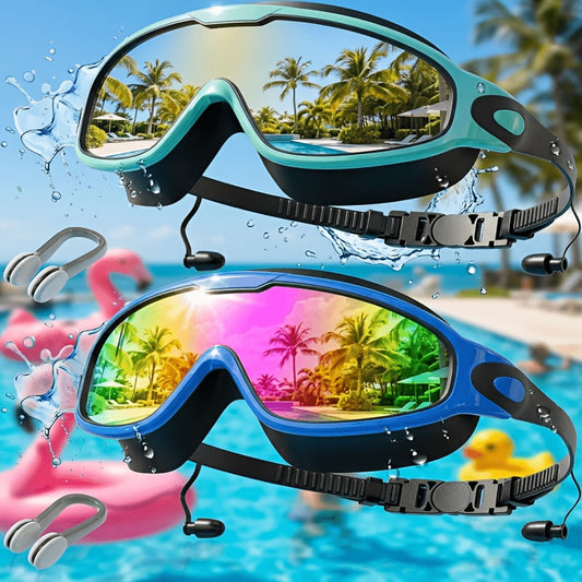 Anti-Fog Swim Goggles Wide View Mirrored UV Protection – No-Leak Swimming Goggles for Adults Men Women Youth with Earplugs, Nose Clip & Phone Pouch, Triathlon Pool Gear