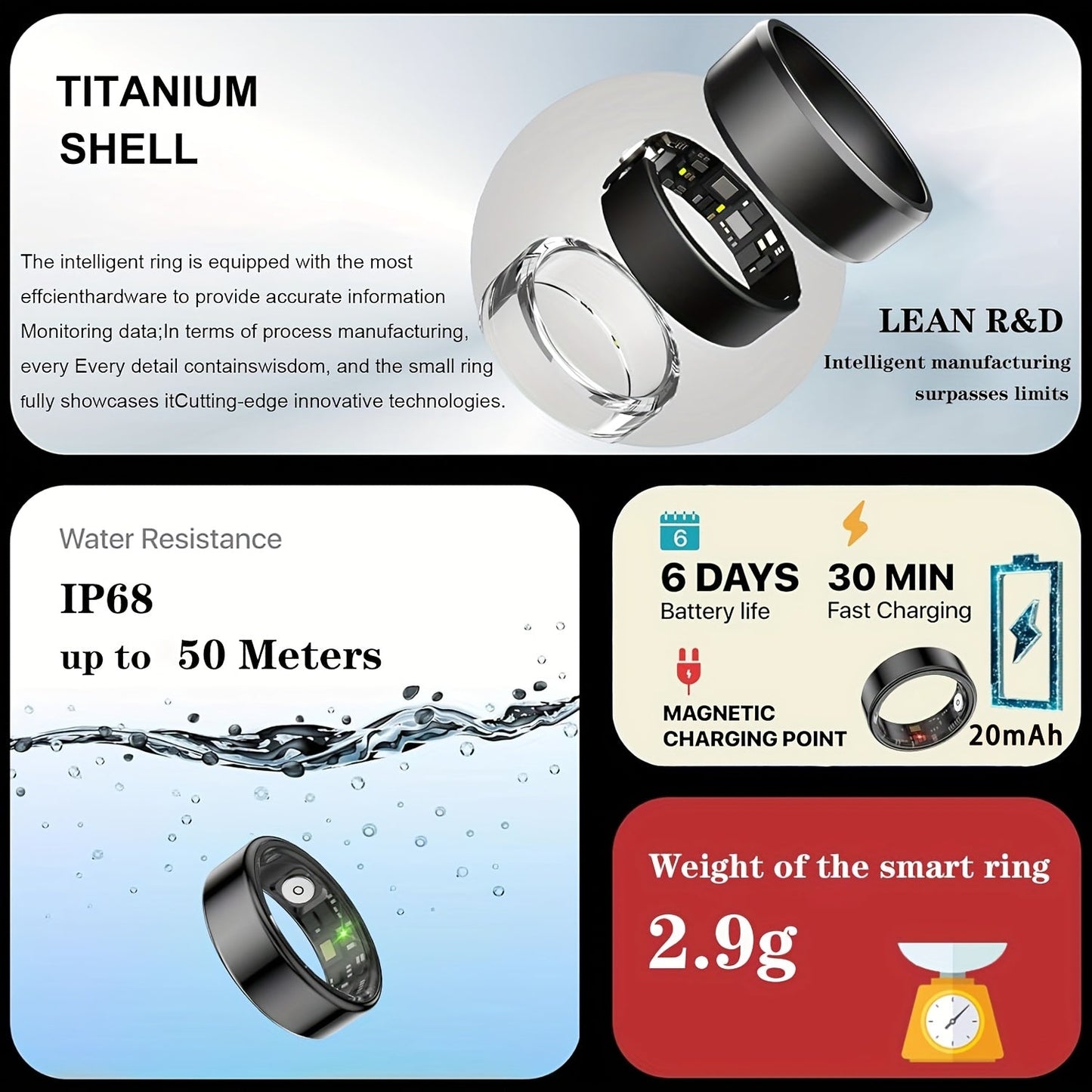 Smart Ring Sleep Tracker Heart Rate Monitor Fitness Wearable, Titanium Alloy Body Bluetooth 5.3, Step Counter Pedometer Distance Tracking, Magnetic Charging, Compatible with iPhone & Android – Black Rose Gold Silver