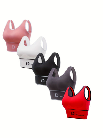 5pcs Wireless Sports Bra Set – Full Coverage High Elasticity Nylon Bra for Yoga Running Gym, Breathable Machine Washable, Mixed Colors, DANSHEER Print, Women's Activewear Bra Pack