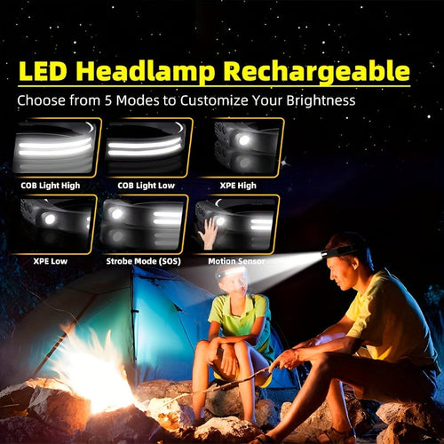 3 Pack Rechargeable COB LED Headlamp 230° Wide Beam Motion Sensor 5 Modes with 6 Hooks – Bright Headband Flashlight for Camping Hiking Work Hard Hat Forehead Head Light for Adults (Single/Dual/Triple Strip)