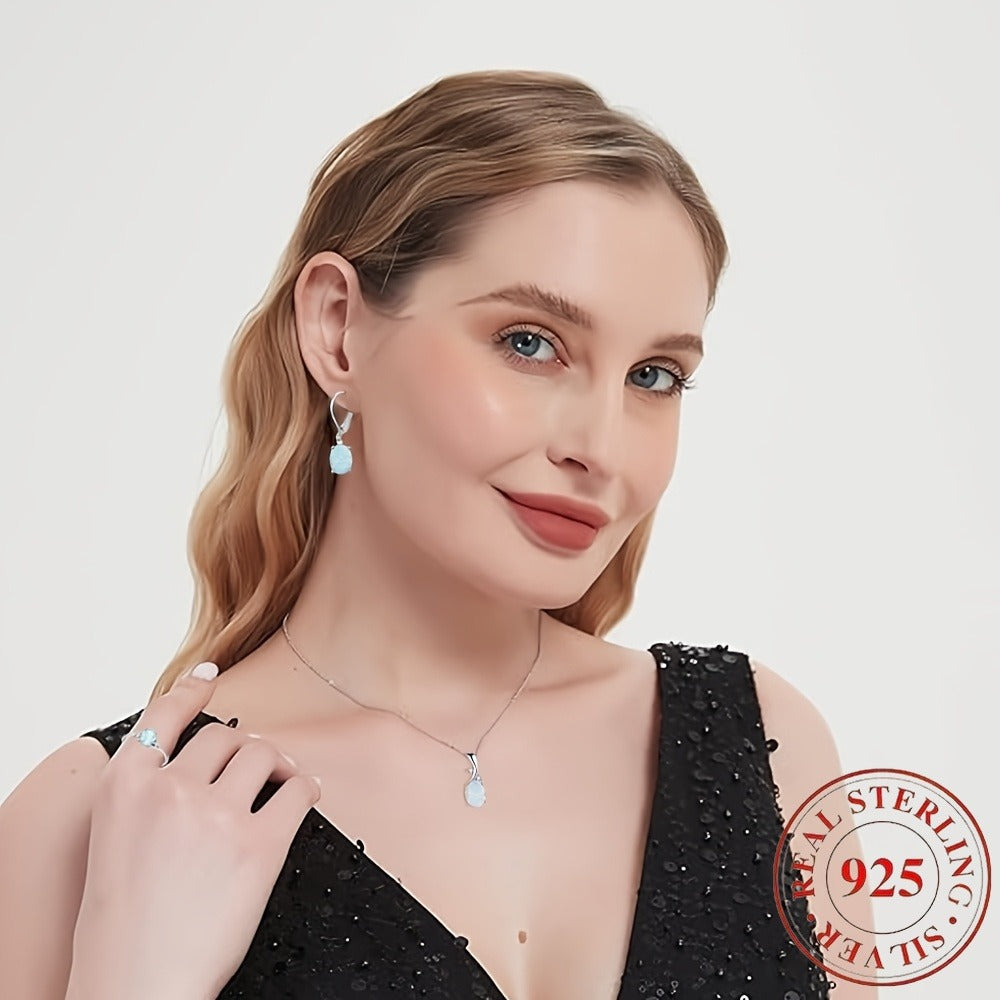 925 Sterling Silver Water Drop Opal Jewelry Set for Women – 4 Piece Necklace Earrings and Ring Set, Elegant Opal Pendant Fashion Jewelry Gift for Party Daily Wear Birthday Anniversary