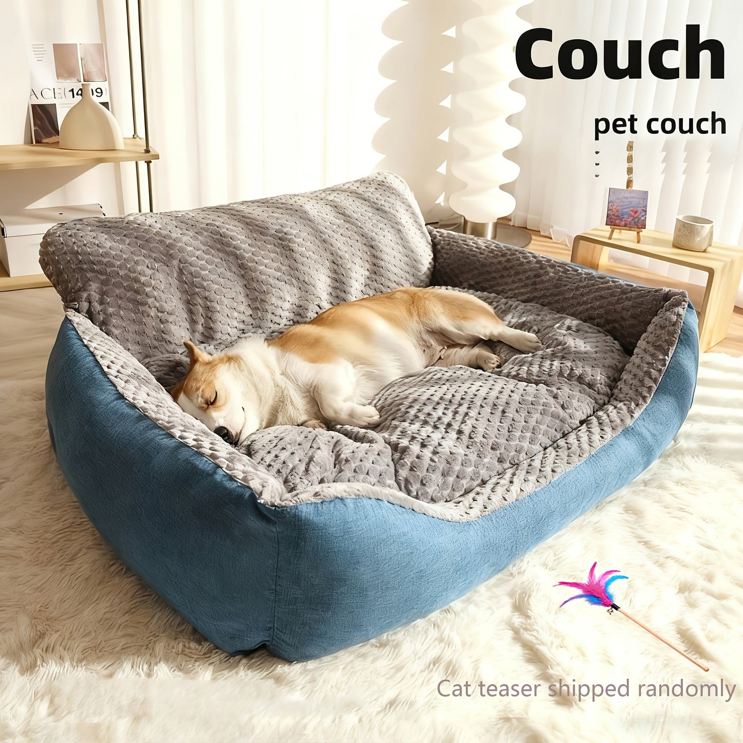 Luxury Plush Pet Sofa Bed with High Backrest – Thick Warm Washable Dog Bed for Large Medium Small Dogs & Cats, All-Season Comfort, Easy-Clean Cover, Sizes S L XL, Grey Blue