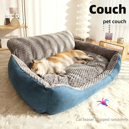 Luxury Plush Pet Sofa Bed with High Backrest – Thick Warm Washable Dog Bed for Large Medium Small Dogs & Cats, All-Season Comfort, Easy-Clean Cover, Sizes S L XL, Grey Blue