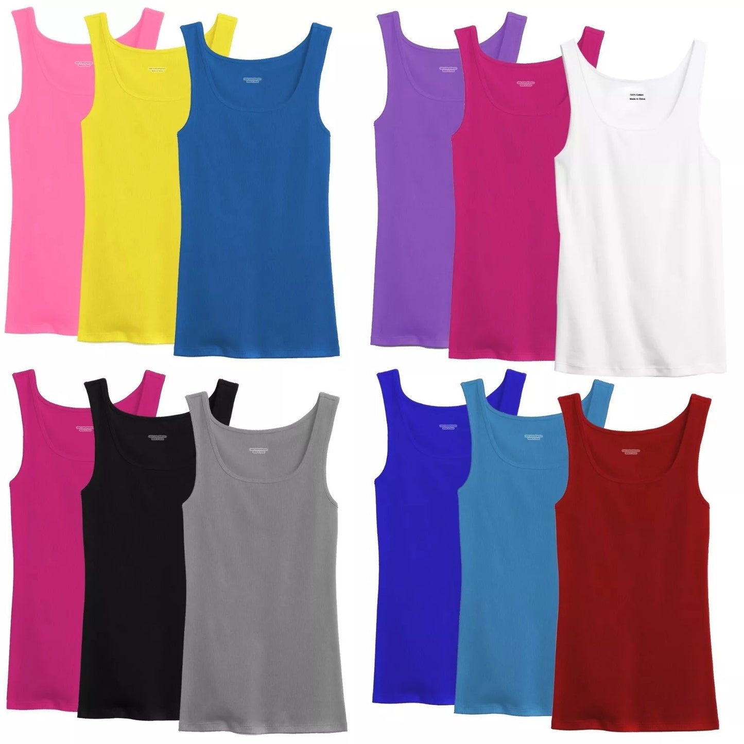 Women's 100% Cotton Ribbed Tank Top Tagless Sleeveless Round Neck Multipack 3 6 9 12 Pcs Random Colors S-XXL Everyday Wear