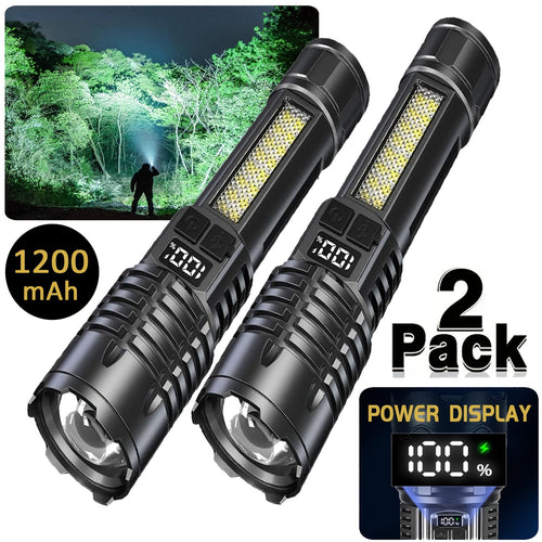 Rechargeable Tactical Flashlight 2 Pack USB COB LED – Ultra Bright 5 Modes Zoomable 200-500M Beam LCD Display for Camping Fishing Hunting Cycling Emergency