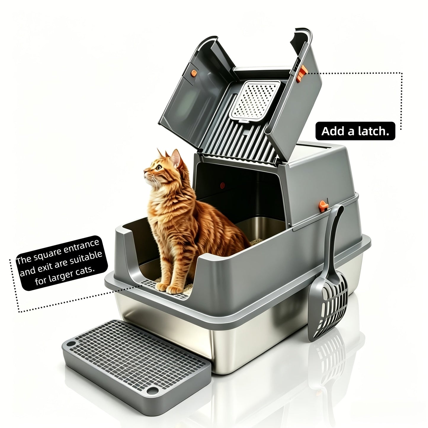 XL Stainless Steel Enclosed Cat Litter Box with Flip Top Lid & High Sidewalls – 3-in-1 Anti-Scatter Metal Litter Pan for Large Cats & Multi-Cat Households