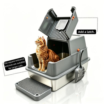XL Stainless Steel Enclosed Cat Litter Box with Flip Top Lid & High Sidewalls – 3-in-1 Anti-Scatter Metal Litter Pan for Large Cats & Multi-Cat Households