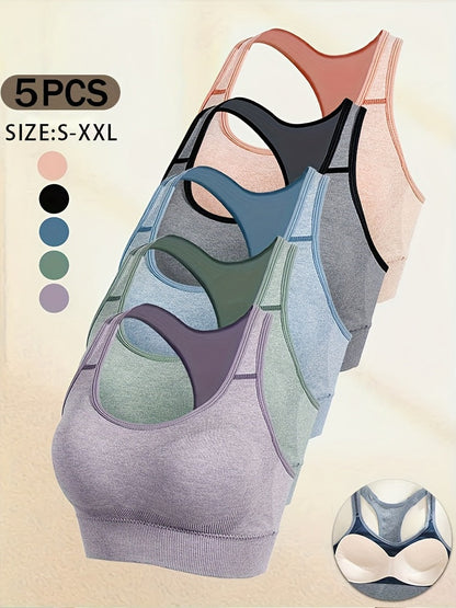 Women's Seamless Sports Bra 5-Pack – Wire-Free Soft Yoga Gym Bra, Opaque Stretch Fabric, Comfortable Everyday Fitness Bralette Set for Workout, Yoga & Casual Wear