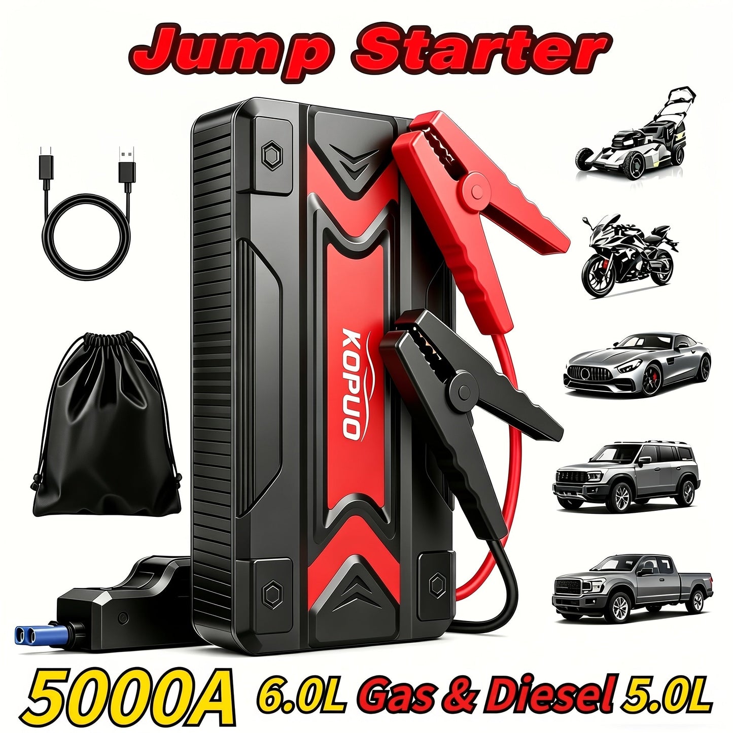 Portable Car Jump Starter with Air Compressor 20000A Peak 7-in-1 Battery Booster Pack with 150PSI Tire Inflator, Power Bank, LED Light & LCD Display – 12V Emergency Roadside Kit for Car SUV Truck