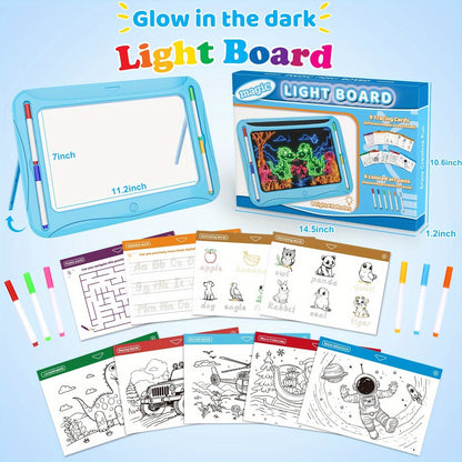LED Light-Up Drawing Doodle Board for Kids Ages 3-8 – Glow Writing Art Set with 9 Double-Sided Cards & 6 Markers, Educational Learning Travel Toy, Birthday & Christmas Gift for Girls Boys