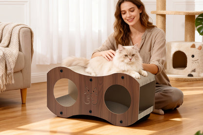 Walnut Cat Scratching Post with Integrated Cat Bed – 4-Season Woven Scratch Pad, Indoor Cat Scratcher for Lounging & Play, All Breeds