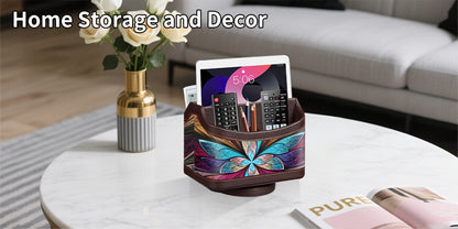 360° Swivel Remote Control Holder – 5-Compartment PU Leather Desk Organizer for TV Remotes, Phones, Eyeglasses, Pens & Office Accessories, Rotating Desktop Storage Caddy