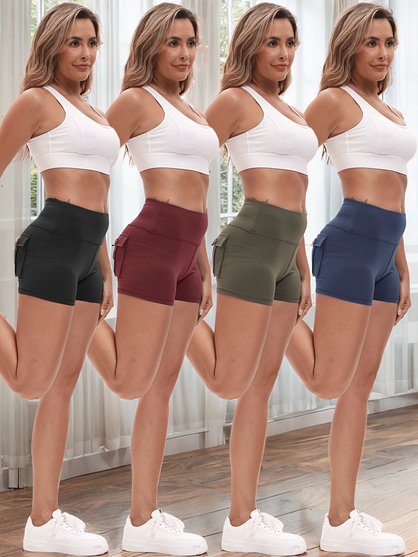 4-Piece Women's High-Stretch Yoga Shorts Set – Hip Lifting Quick-Dry Fitness Shorts with Elastic Waist & 2 Pockets, Solid Color Athletic Short Pants for Gym Running Pilates, S-XXL
