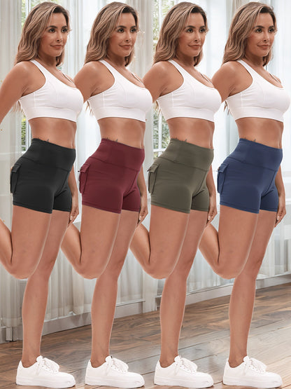 4-Piece Women's High-Stretch Yoga Shorts Set – Hip Lifting Quick-Dry Fitness Shorts with Elastic Waist & 2 Pockets, Solid Color Athletic Short Pants for Gym Running Pilates, S-XXL