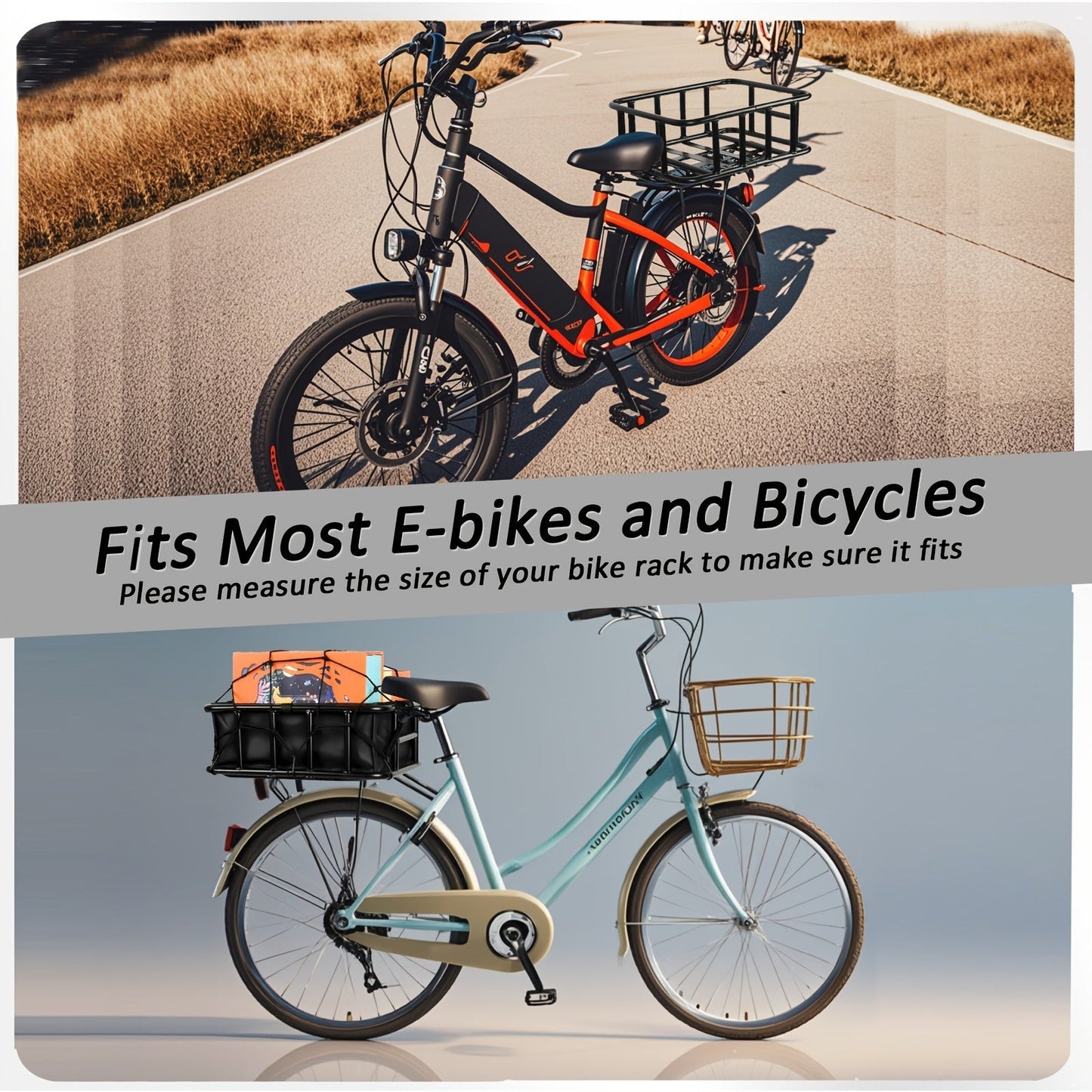Heavy-Duty Iron Bike Basket – Large, Folding & Basic Removable Rear Bicycle Basket for Most Bikes & E-Bikes, Frame Mount, Black – for Groceries, Pets & Daily Commuting