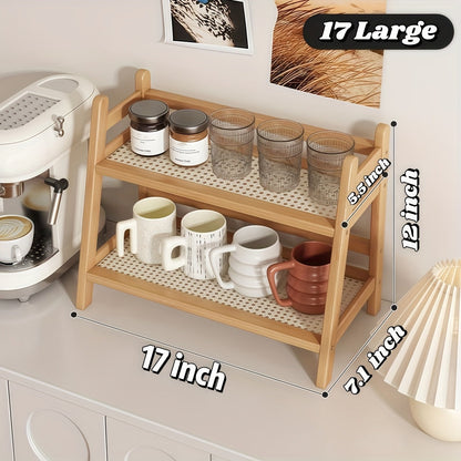 2-Tier Wooden Countertop Shelf Organizer Vintage Trapezoidal Design, Bamboo Desktop Storage Rack for Kitchen Office Bedroom, Space-Saving Counter Shelf for Coffee Cups Books Decor – 1 or 2 Pack, Large & Medium