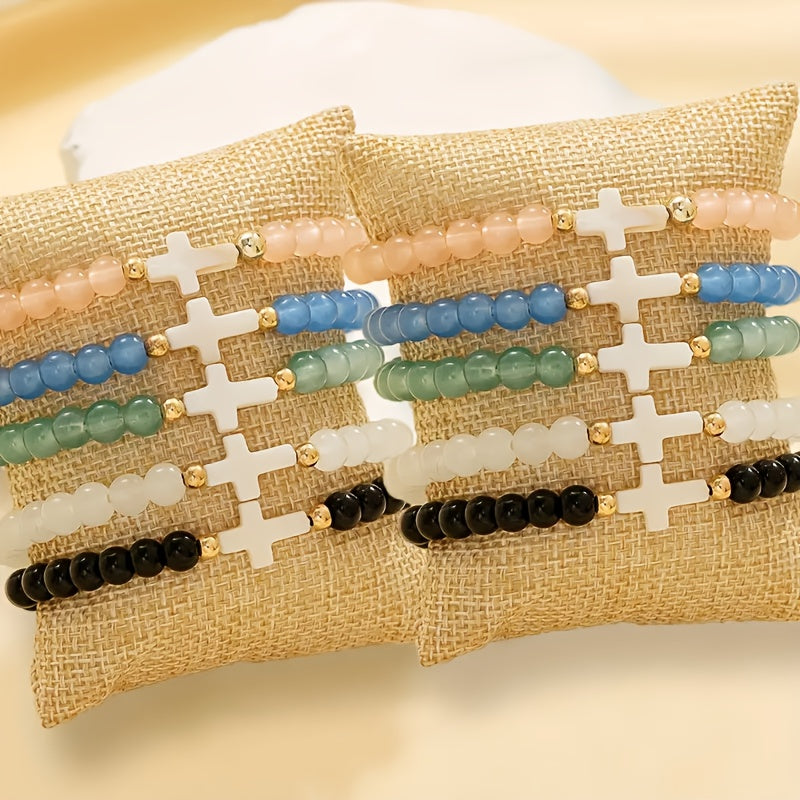 10pcs Boho Cross Glass Bead Bracelet Set – Stackable Multi-Layer Elastic Wristbands with Zircon & Zinc Alloy Accents, Elegant Jewelry for Daily Wear, Parties & Gifting