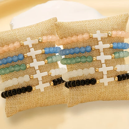 10pcs Boho Cross Glass Bead Bracelet Set – Stackable Multi-Layer Elastic Wristbands with Zircon & Zinc Alloy Accents, Elegant Jewelry for Daily Wear, Parties & Gifting