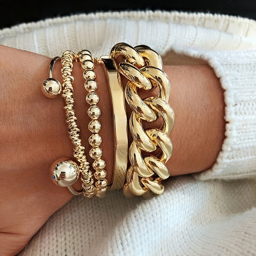 5-Piece Chunky Wide Chain Beaded Bracelet Set for Women – Stackable Layering Fashion Jewelry, Gold & Silver Tones, Perfect for Daily Wear, Dating, Vacation, Parties & Gifts for Girlfriend